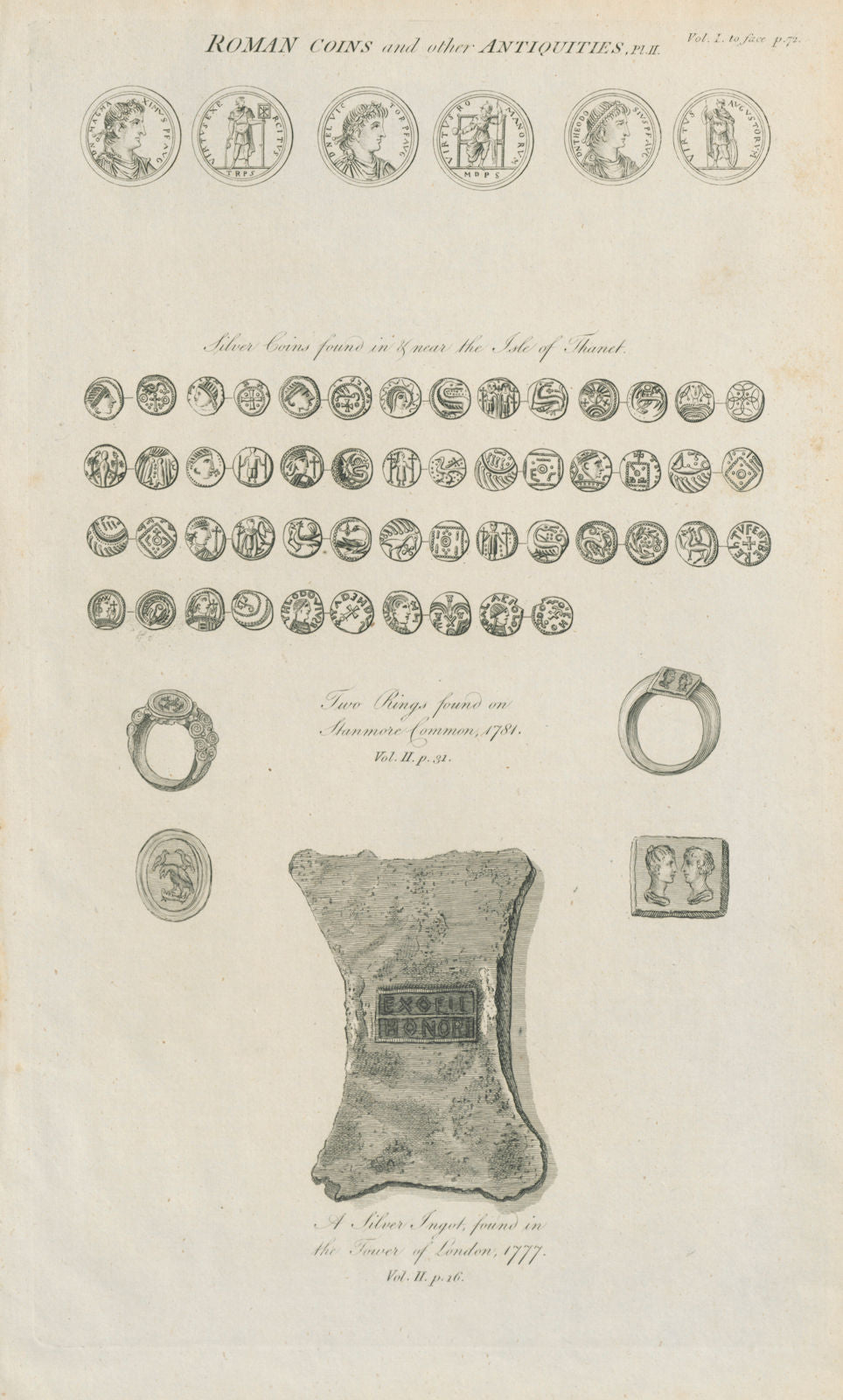 Roman coins Isle of Thanet. Rings Stanmore Common. Ingot Tower of London 1789